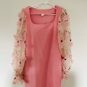 Pink Dress with Floral Sheer Sleeves